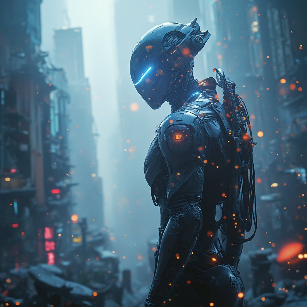 A futuristic scene where Riel Mecha stands amidst a sprawling metropolis. A bright, Two-tone lighting illuminates the cityscape, with a Low ISO capturing every intricate detail. In the foreground, a sleek, cybernetic arm protrudes from the protagonist's body, its PBR texture glistening in the light. The Real Mechanical Parts Technology allows for seamless integration of mechanical enhancements, blurring the line between human and machine. A cityscape unfolds beyond, with towering skyscrapers and neon lights, while glowing particles swirl around the subject. Maximum clarity and sharpness are maintained through 8K raw and highly efficient sub-pixels.,noc-futuristic