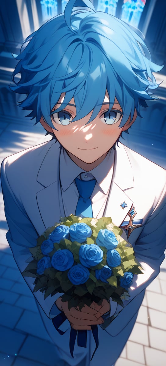 Score_9,score_8_up,score_7_up,Highly detailed, masterpiece, high quality, beautiful, high resolution, good details,1boy,solo,male focus,mezcla5v2,outdoor,church,suit,white suit,blue necktie,blue roses,smile,looking up, from above,bouquet the blue roses, bouquet between hands,snile,blush,happy,looking at viewer,chongyun,blue eyes,blue hair,short hair,bangs,hair between eyes