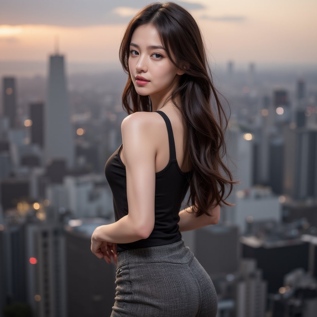 A photorealistic portrait of a young woman with wavy brunette hair and striking blue eyes. She is posed with her back to the camera, looking over her shoulder to establish eye contact with the viewer. She wears a sleek black sleeveless top and a tight grey skirt. The background is a cityscape at twilight,