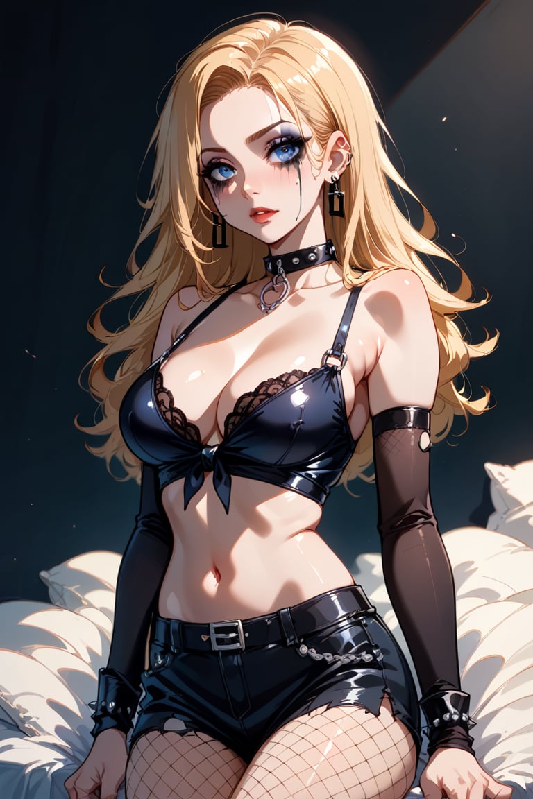 hana midorikawa, blonde hair, long hair, tied hair,blue eyes, goth makeup, goth outfit, fishnets,score_9,score_8_up,score_7_up, 