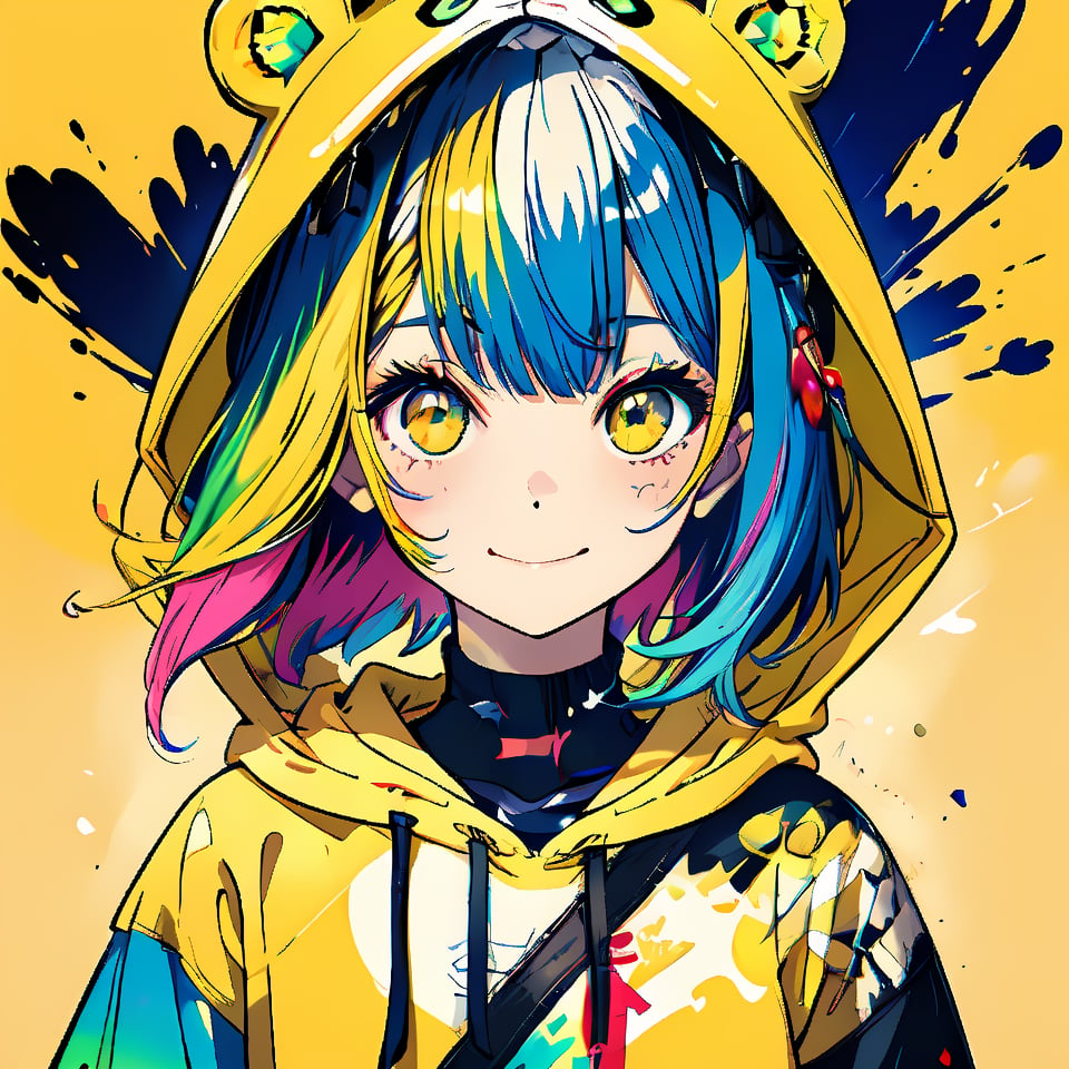 Very beautiful girl, Yellow Bear hood, rainbow hair, colorful hear, bob, hairs between eyes, crossed bangs, simple background, smile, closed mouth, colorful ink brushstrokes in background, masterpiece., INK art.