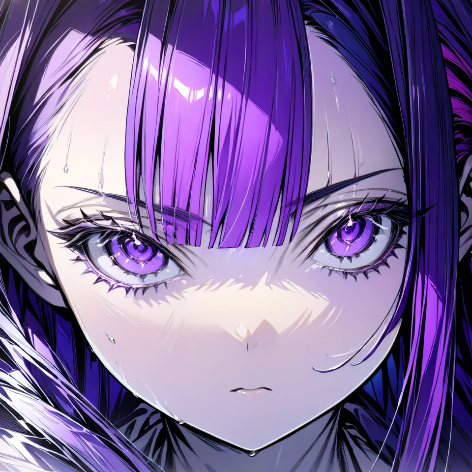 official art,high quality,production art,novel illustration,best,high resolution,best quality,award winning,highly detailed,masterpiece,by famous artist,hyper extreme detailed,
a female, solo, 20 years old, A close up of eyes, downturned eyes,
portrait of a character with an asymmetrical haircut, where one side is longer than the other, featuring sharp angles and a modern, 
light blue hair, ((lavender highlights hair, smoky lavender streaked hair)),
edgy look, high resolution, detailed hair texture, vibrant colors, studio lighting,white t-shirt,
glaring,
simple background, white background,
masterpiece,Eyelashes 