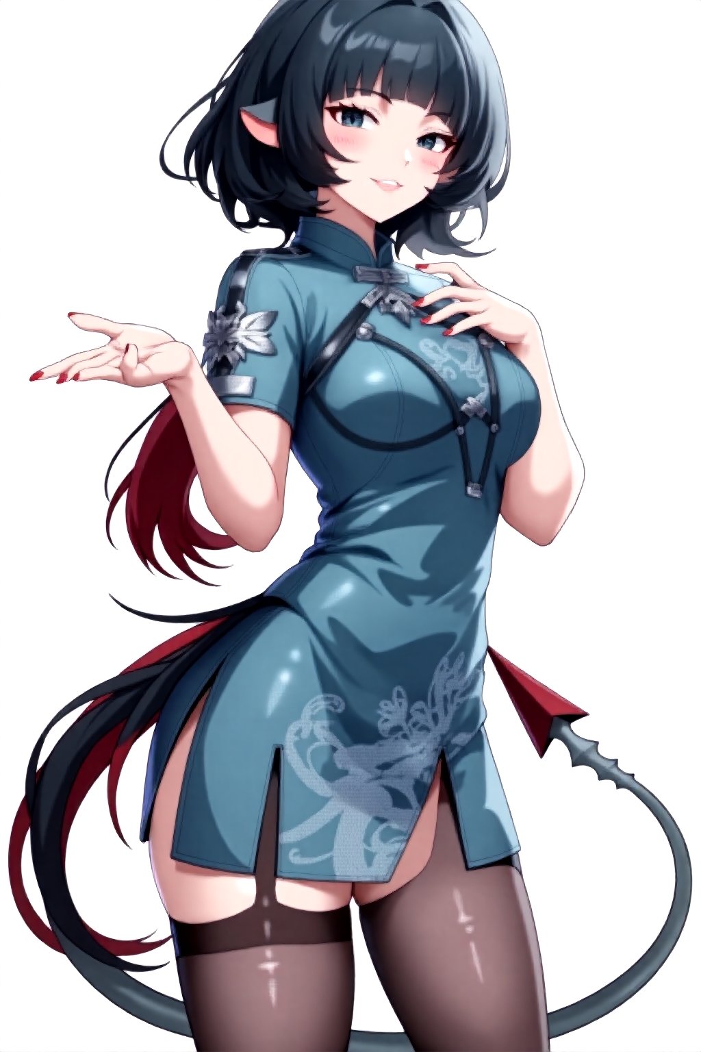 masterpiece, ultra detailed, HD, 

1girl, solo, Anime style, thick outline, blush, short hair, bangs, blue eyes, black hair, low ponytail, red low ponytail, animal ears, multicolored hair, gray demon tail, demon tail with pointed tip, nail polish, red nails, white background,

Blue cheongsam dress, Blue Mandarin dress, 

dynamic pose