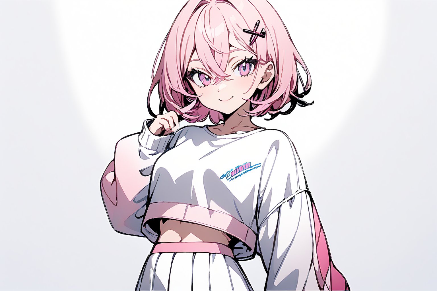 masterpiece, ultra detailed, woman, solo, cheerful, smiling, pointing at self, looking ahead, bob, hairs between eyes, crossed bangs, white background, cel anime, thick outline, line art, pink hair, pink eyes, gradient eyes, slender, white jacket, white and pink crop top, white skirt, long sleeves, midriff, pink belt, black X-shaped hairpin, 20-year-old, full body shot