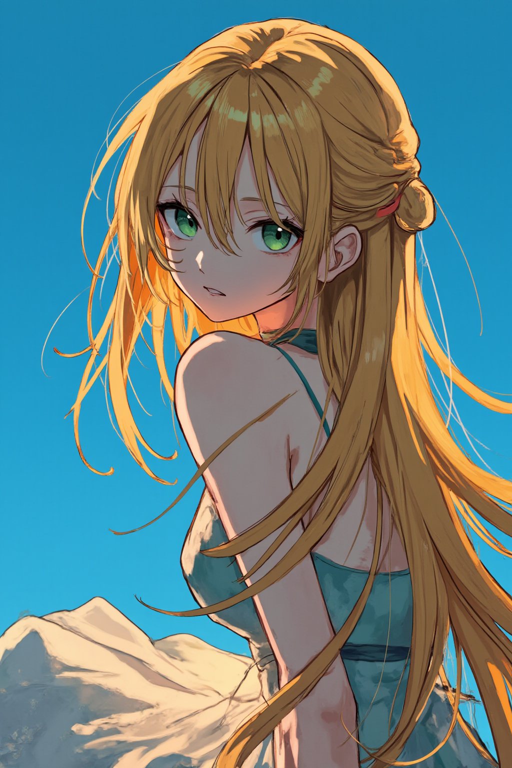 In a vividly rendered anime-style frame, a single girl sits solo against a bright blue background, her features bathed in warm, golden light. Her long, flowing hair cascades down her back like a river of night, and her piercing green eyes seem to sparkle with an inner radiance. Every strand of her ultra-detailed coiffure, every delicate eyelash, is meticulously rendered in flat color, creating a masterpiece of anime artistry in stunning HD.