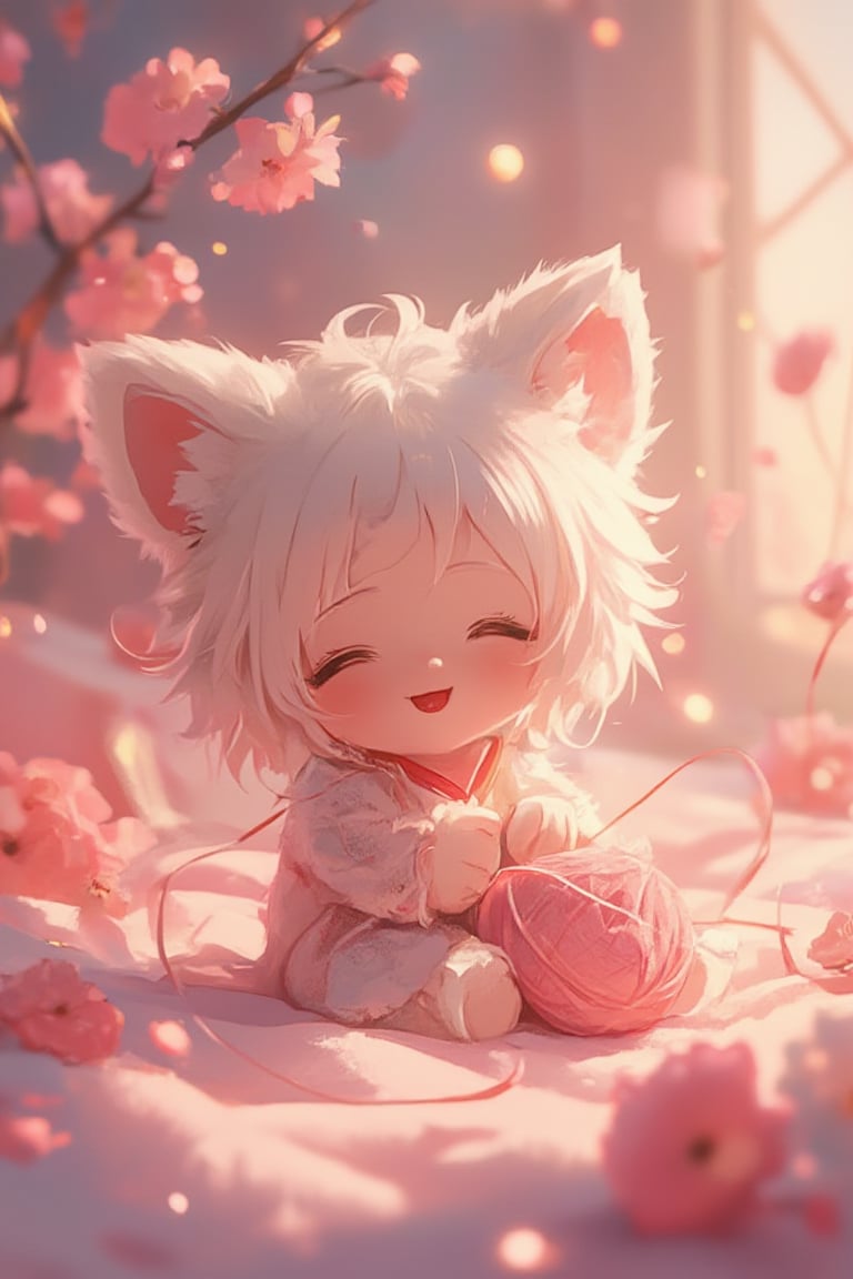 Anime style high-quality bedroom scene in Japanese animation movie style, with blooming flowers and a cute fluffy kitten-like girl playing with a yarn ball on a blanket, exuding joy and happiness. The background features a bokeh effect with flowers and lights, creating a deep IBL (Image-Based Lighting) atmosphere.