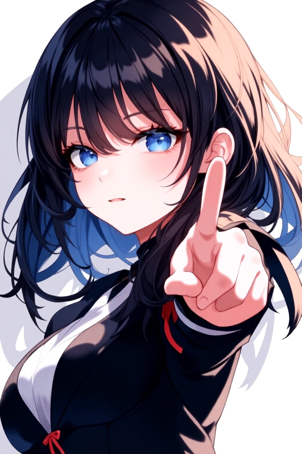 anime style, cel shading, sharp outlines, bold lines, masterpiece, best quality, highly detailed, vibrant colors, clean linework, smooth shading, dynamic pose, expressive eyes, dramatic lighting

1girl, solo,simple background, white background, 

 bangs, blue eyes, black hair, 

pointing at viewer