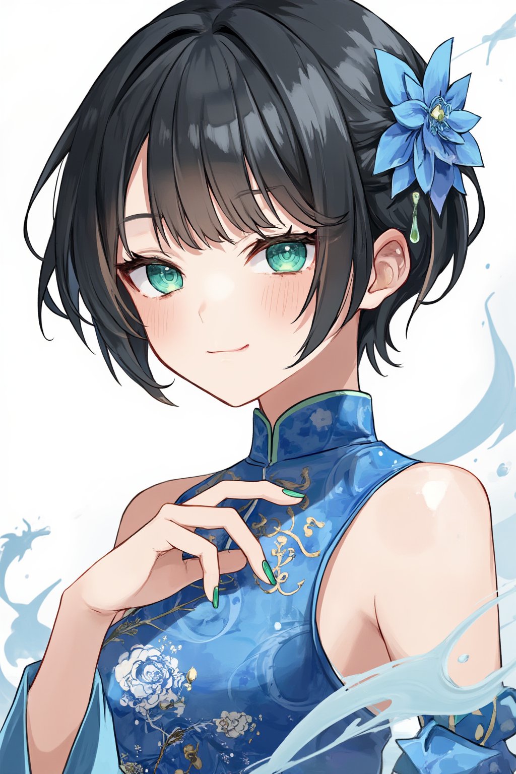 masterpiece, ultra detailed, HD, 

1girl, solo, Anime style, thick outline, blush, short hair, bangs, green crystal eyes, black hair,  hair with two bons, multicolored hair, nail polish, green nails, white background,

Blue cheongsam dress, Blue Mandarin dress, 

dynamic pose, Anime Style