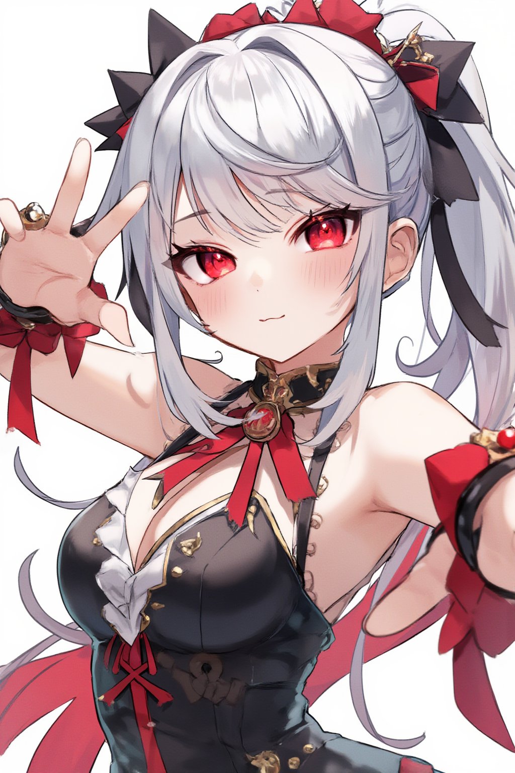 masterpiece, ultra detailed, HD, 

1girl, solo, Anime style, thick outline, blush, pony tail, bangs, red crystal eyes, silver hair,  chunky red highlights, multicolored hair, white background,

Steampunk uniform, 

dynamic pose, Anime Style