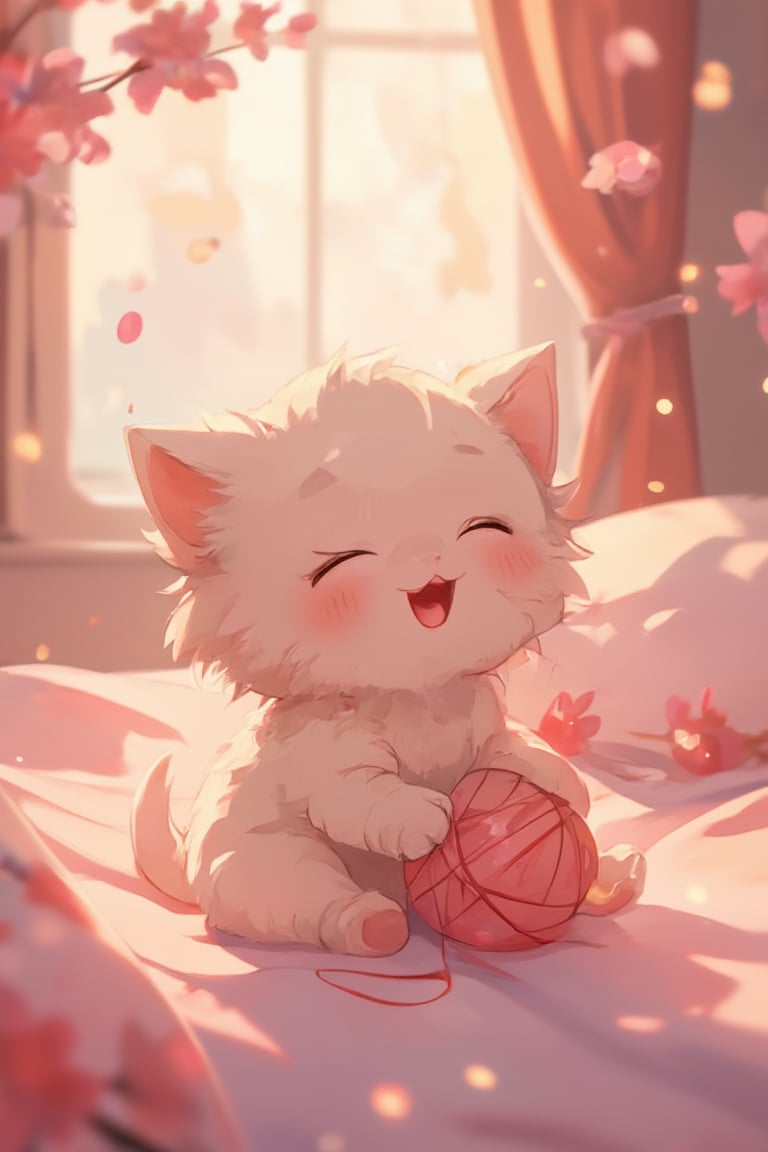 Anime style high-quality bedroom scene in Japanese animation movie style, with blooming flowers and a cute fluffy kitten girl playing with a yarn ball on a blanket, exuding joy and happiness. The background features a bokeh effect with flowers and lights, creating a deep IBL (Image-Based Lighting) atmosphere.