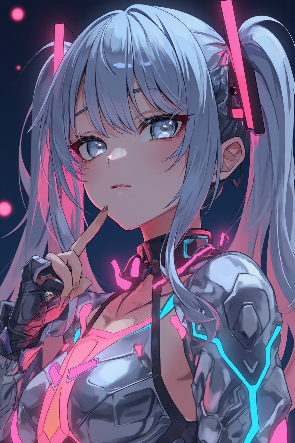 masterpiece, ultra detailed, HD, 

1girl, solo, Anime style, Japanese anime, cel shading, 

silver eyes, sanpaku eyes, silver hear, semi-long hear, 20years old, cyberpunk costume, glowing outfit with neon lines, 

pointing at own mouth,

Anime Style