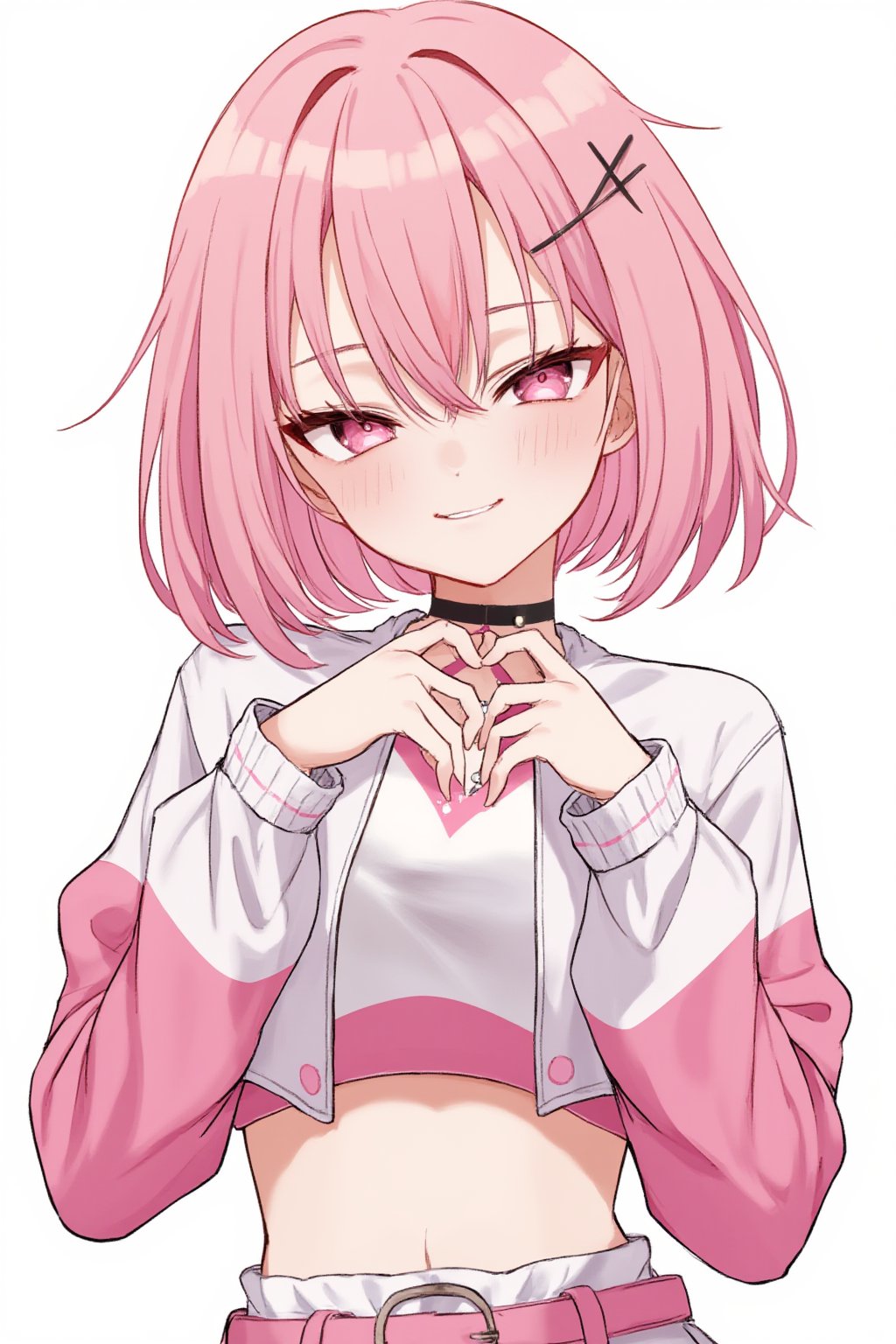 masterpiece, ultra detailed, HD, 

1girl, solo, Anime style, thick outline, cheerful, smiling, hands on own chest, looking ahead, bob, hairs between eyes, crossed bangs, white background, pink hair, pink eyes, slender, white jacket, white and pink crop top, white skirt, long sleeves, midriff, pink belt, black X-shaped hairpin, full body shot

dynamic pose, Anime Style