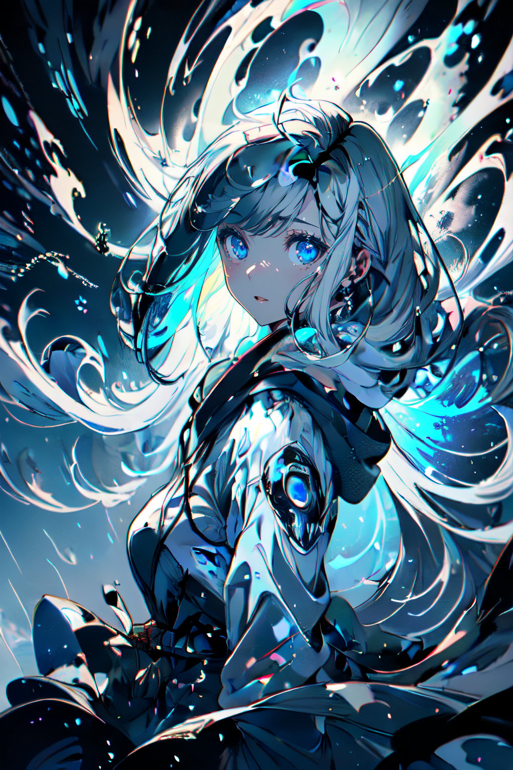 masterpiece, illustration, ray tracing, finely detailed, best detailed, Clear picture,
1girl, perfect body, hairstyles, Grayish hair, ((close-up face)), ((Viewed from the front)), the abstract hit of Wind and rain flying background and fantastic blue gradient add to the mysteriousness, Clear raincoat with hood,