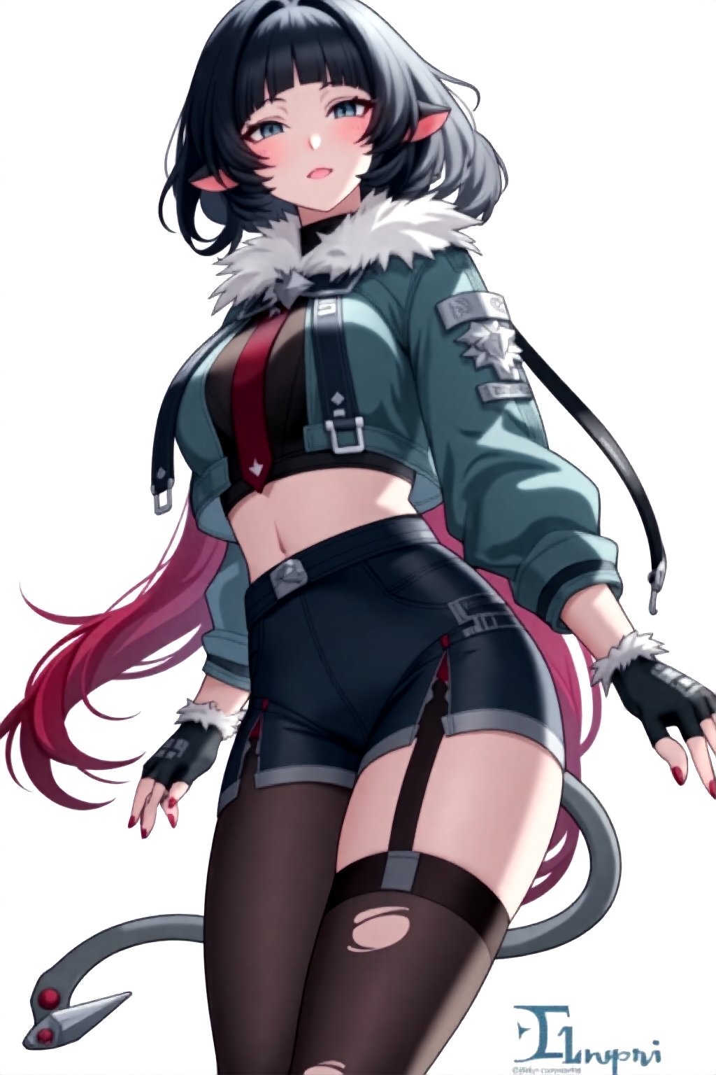 masterpiece, ultra detailed, HD, 

1girl, solo, Anime style, thick outline, blush, short hair, bangs, blue eyes, black hair, low ponytail, red low ponytail, animal ears, jacket, pantyhose, multicolored hair, shorts, fingerless gloves, black gloves, belt, crop top, torn clothes, black pantyhose, torn pantyhose, gray demon tail, demon tail with pointed tip, nail polish, red nails, white background,

dynamic pose