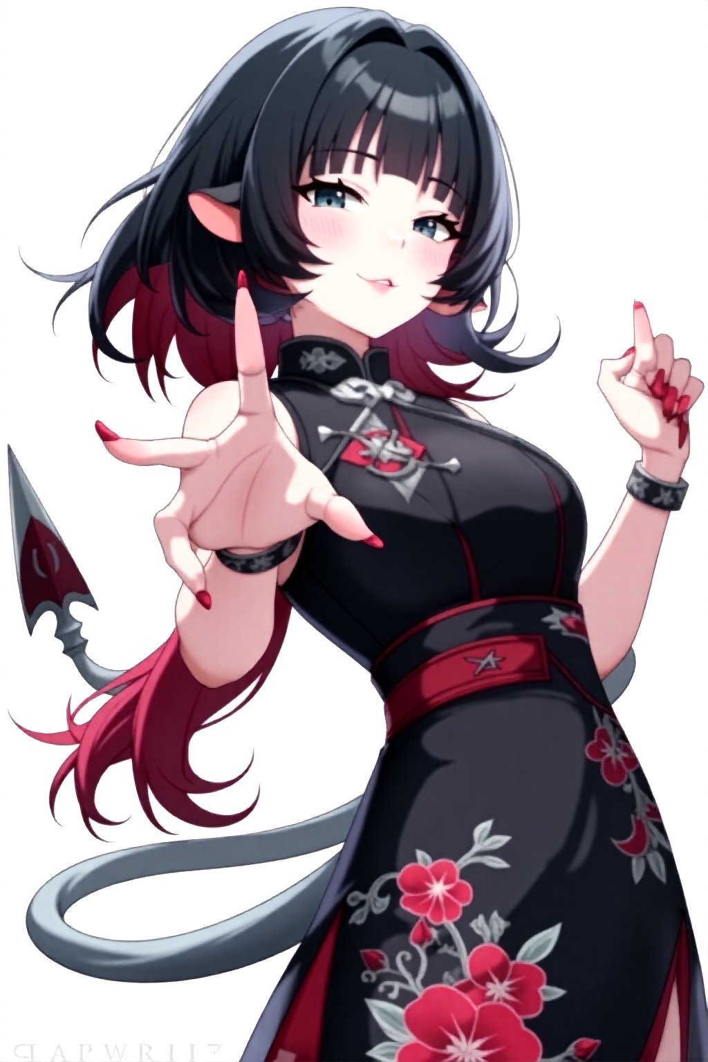 masterpiece, ultra detailed, HD, 

1girl, solo, Anime style, thick outline, blush, short hair, bangs, blue eyes, black hair, low ponytail, red low ponytail, animal ears, multicolored hair, gray demon tail, demon tail with pointed tip, nail polish, red nails, white background,

cheongsam dress, 

dynamic pose