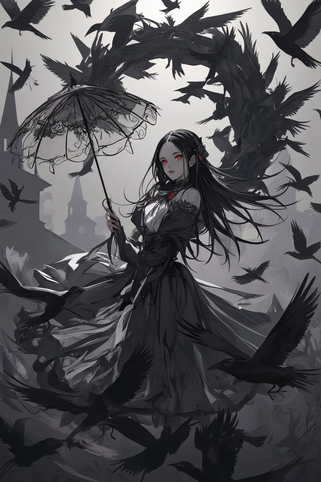 masterpiece, ultra detailed, HD, 
1girl, solo, Anime style, Japanese anime, 

monochrome illustration. Countless crows are flying and swirling together, forming a large number “2” with their black feathers creating a striking contrast. The number “2” is clearly visible amidst the crows. In the center stands a Gothic Lolita girl, wearing a classic dress adorned with frills and lace. She has long black hair, a ribbon, and holds a delicately decorated parasol, with a fragile and mysterious expression on her face. red eyes, The background is a misty, dimly lit scene of an old church or graveyard, enhancing the eerie and solemn atmosphere. The crows merge with the girl and the number “2,” creating a sense of stillness and unease. The deep shadows and stark lighting emphasize the dark, ethereal beauty of the scene.,

Anime Style,Eyelashes