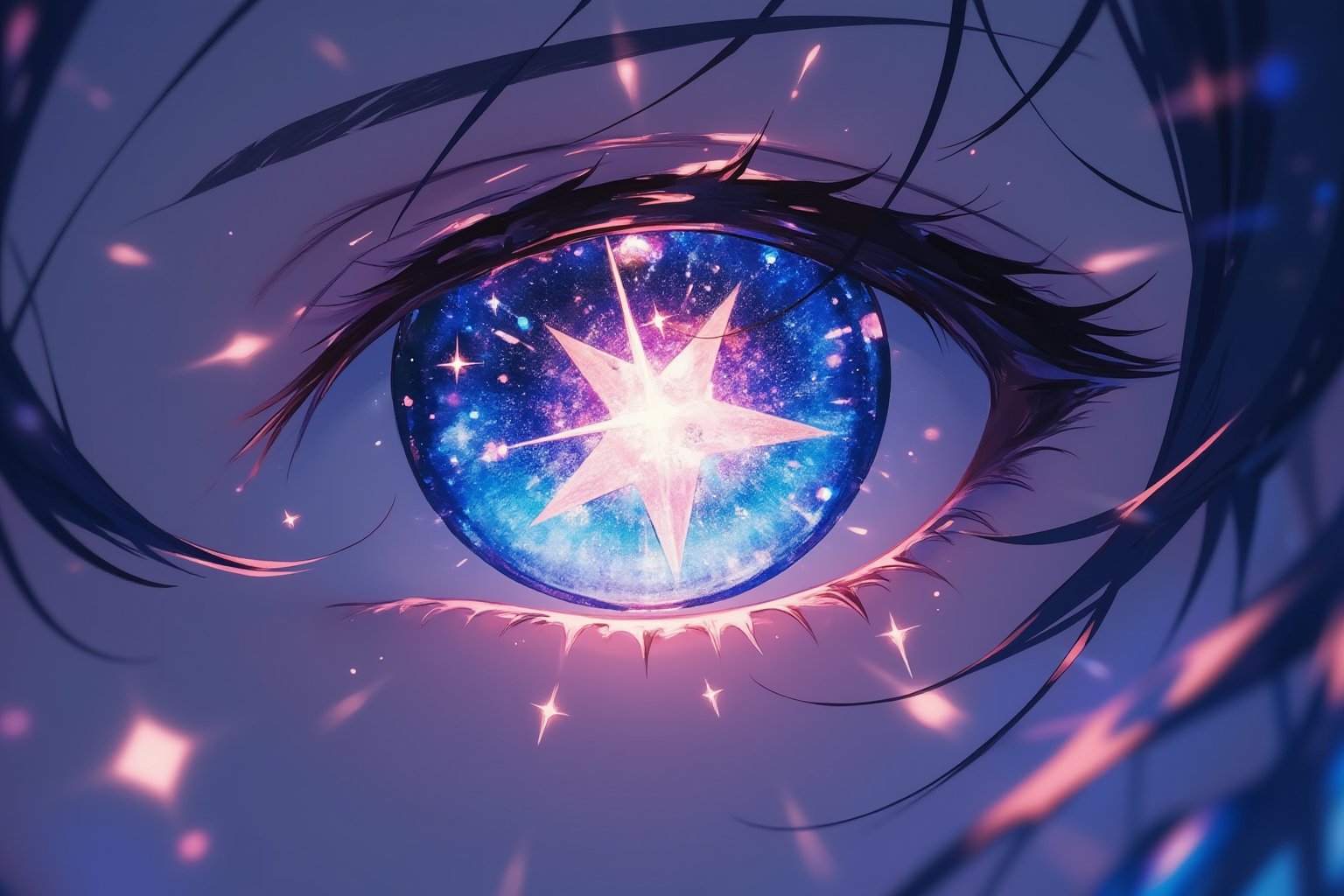 masterpiece, ultra detailed, HD, 
Anime style, Japanese anime, 

vertically oriented, high-quality illustration. A close-up of eyes, a soft yet detailed anime aesthetic. The focus is on the eyes, where the star is clearly reflected in the center of the iris. Around the eyes, intricate fractal patterns extend from the iris towards the outer edges, creating a mesmerizing and geometric design. The fractal shapes glow softly, contrasting with the subtle shadows and highlights around the eyes, enhancing the focus on the star. The mouth, slightly visible in the frame, adds a subtle emotional expression, complementing the intricate and mysterious fractal effect. The overall composition emphasizes a sense of otherworldly beauty and complexity.,

Anime Style,Eyelashes