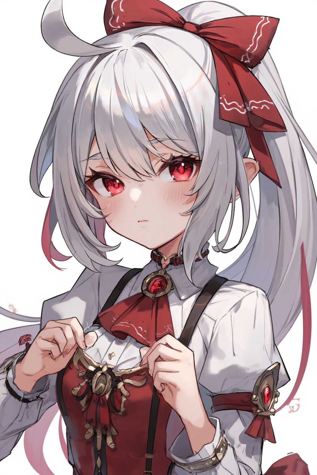 masterpiece, ultra detailed, HD, 

1girl, solo, Anime style, thick outline, blush, pony tail, bangs, red crystal eyes, silver hair,  chunky red highlights, multicolored hair, white background,

Steampunk uniform, 

dynamic pose, Anime Style