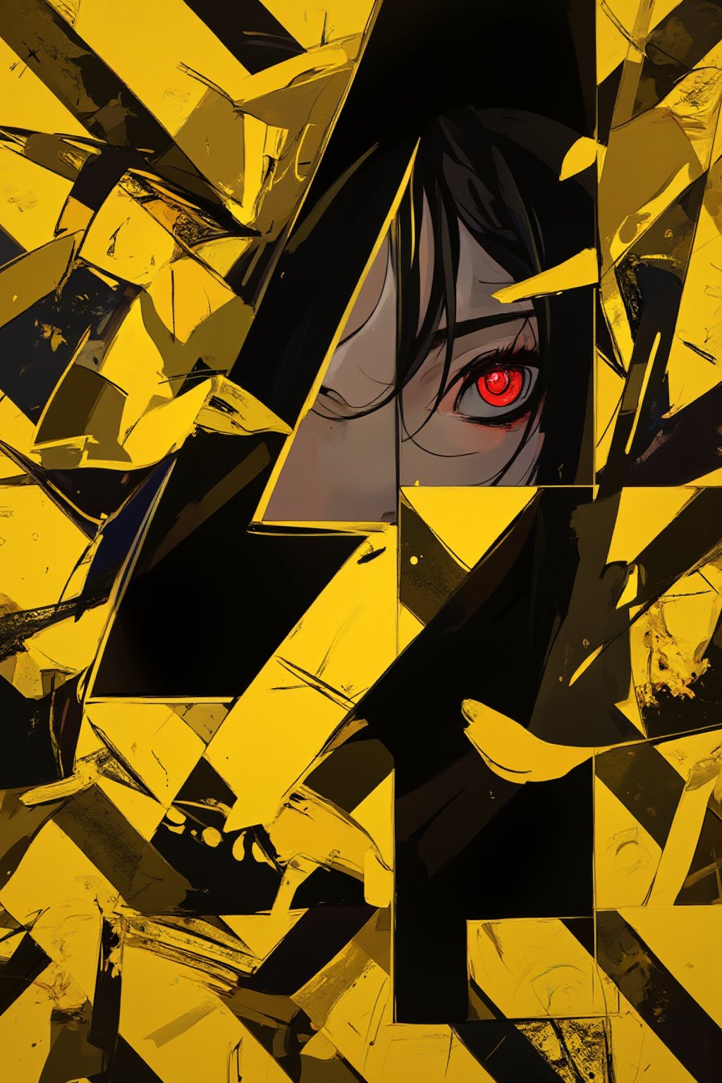 masterpiece, ultra detailed, HD, 
Anime style, Japanese anime, cel shading, 

A striking design centered on the theme of danger, predominantly using yellow and black colors. In the foreground, a large, bold number '4' dominates the composition. Behind it, the background is filled with numerous overlapping hazard tapes, creating a chaotic pattern of yellow and black stripes. Peeking through the gaps between the hazard tapes, a pair of intense red eyes of a woman can be seen, adding an element of mystery and threat. The overall atmosphere is tense and ominous, with sharp contrast between the elements. Highly detailed, photorealistic style with dramatic lighting to enhance the sense of danger.

Anime Style,Eyelashes