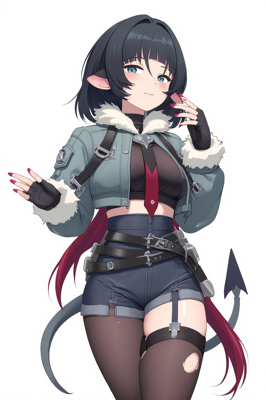 1girl, solo, Anime style, thick outline, blush, short hair, bangs, blue eyes, black hair, low ponytail, red low ponytail, animal ears, jacket, pantyhose, multicolored hair, shorts, fingerless gloves, black gloves, belt, crop top, torn clothes, black pantyhose, torn pantyhose, gray demon tail, demon tail with pointed tip, nail polish, red nails, white background,JaneDoe