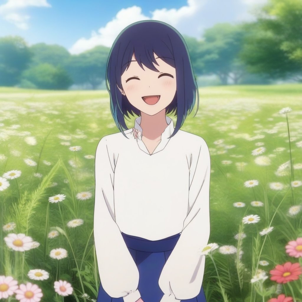 Akane Kurokawa, an anime girl wearing a white long shirt and blue skirt, standing happily on a grassy meadow filled with weeds and flowers. She smiles warmly, with a joyful expression, framed mid-shot to capture her cheerful demeanor and the vibrant surroundings. The background features a field of blooming weeds and flowers, with a soft, natural light enhancing the serene atmosphere. The composition highlights her outfit and the picturesque meadow.