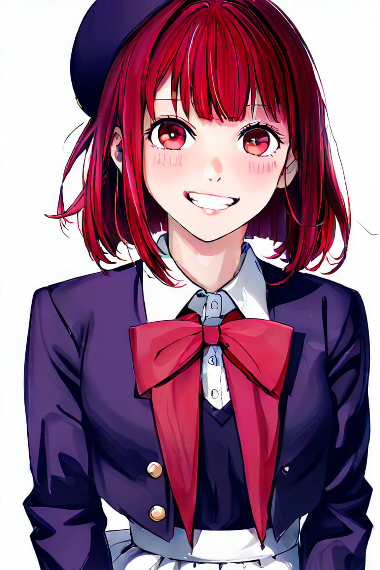 Portrait realistic, Arima Kana, a bright-eyed and blushing beauty, gazes directly at the viewer with a subtle smile. Her short, blunt-cut red locks are styled with bangs framing her heart-shaped face. She wears a school uniform featuring a collared shirt, long sleeves, and a pleated skirt under an open jacket. A white vest peeks out from beneath the jacket, showcasing her toned upper body. A black bow adorns her hat, complemented by a red bow tie around her neck. Her eyes gleam with a fiery intensity, as if daring anyone to approach.