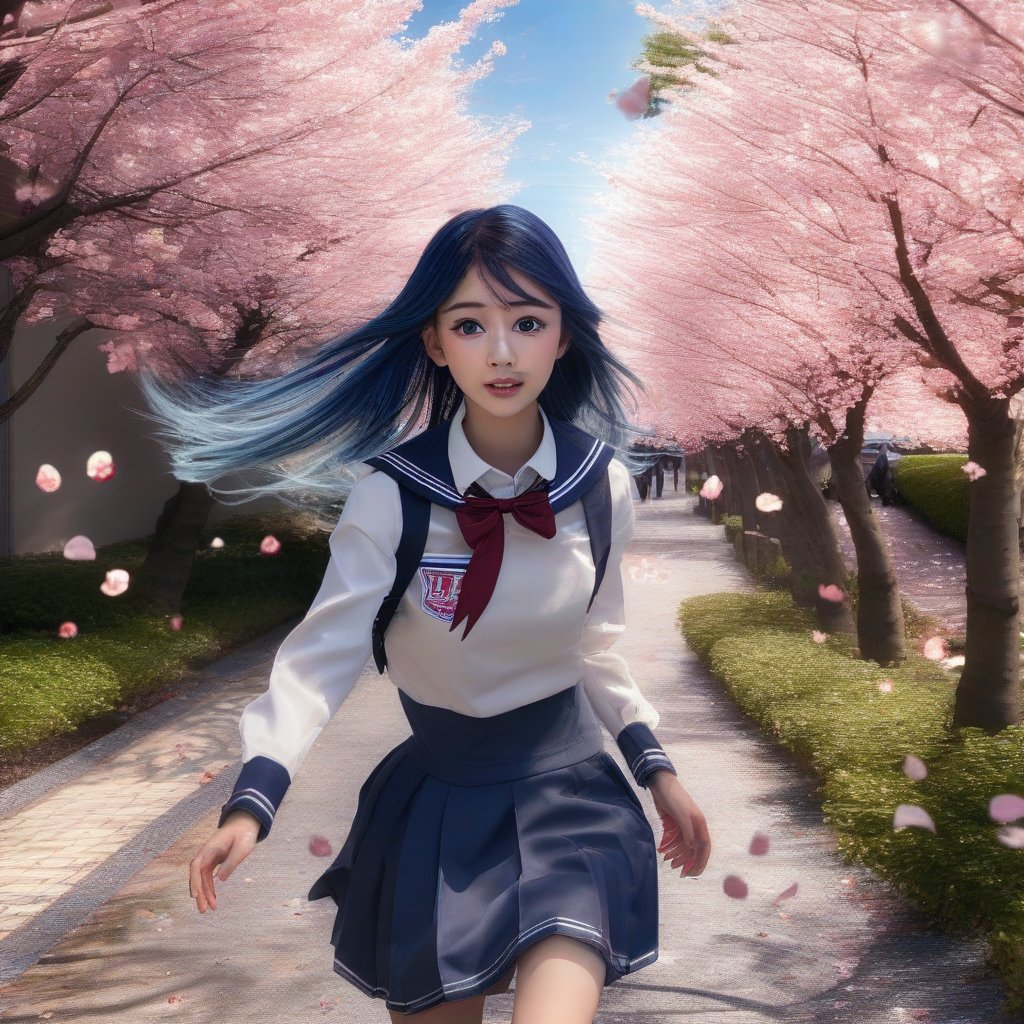 Capture the dynamic moment when Akane Kurokawa, donning a realistic and raw school uniform with striking blue hair, bursts into a sprint across the picturesque Cherry Blossom Garden. Amidst the fluttering butterflies and radiant bright sky, her gaze locks directly onto the viewer's, radiating an intense beauty through her stunning eyes. Ultra-high definition brings every detail to life, from the gentle petals of the blooming trees to the delicate features of Akane's determined expression.