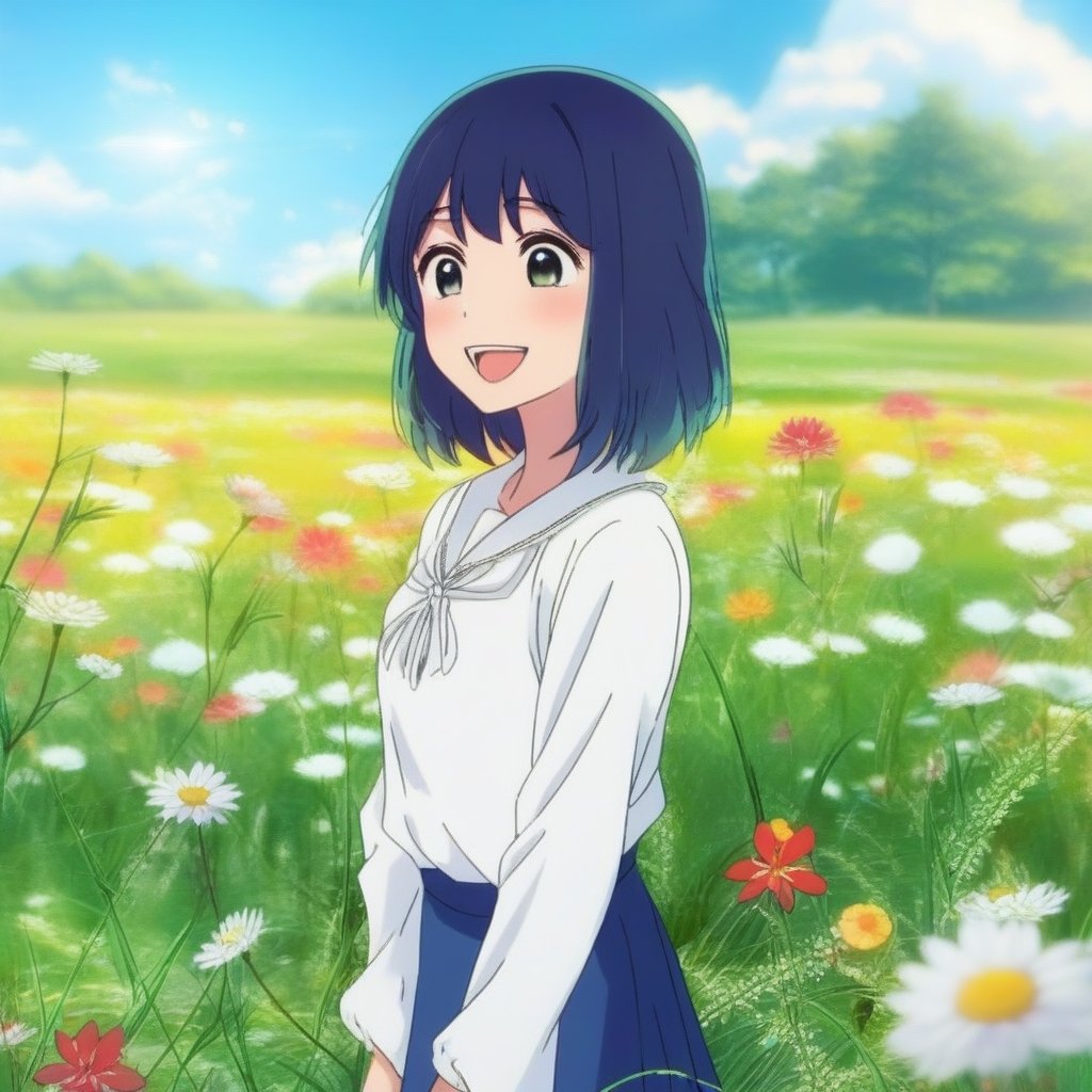 Akane Kurokawa, an anime girl wearing a white long shirt and blue skirt, standing happily on a grassy meadow filled with weeds and flowers. She smiles warmly, with a joyful expression, framed mid-shot to capture her cheerful demeanor and the vibrant surroundings. The background features a field of blooming weeds and flowers, with a soft, natural light enhancing the serene atmosphere. The composition highlights her outfit and the picturesque meadow.