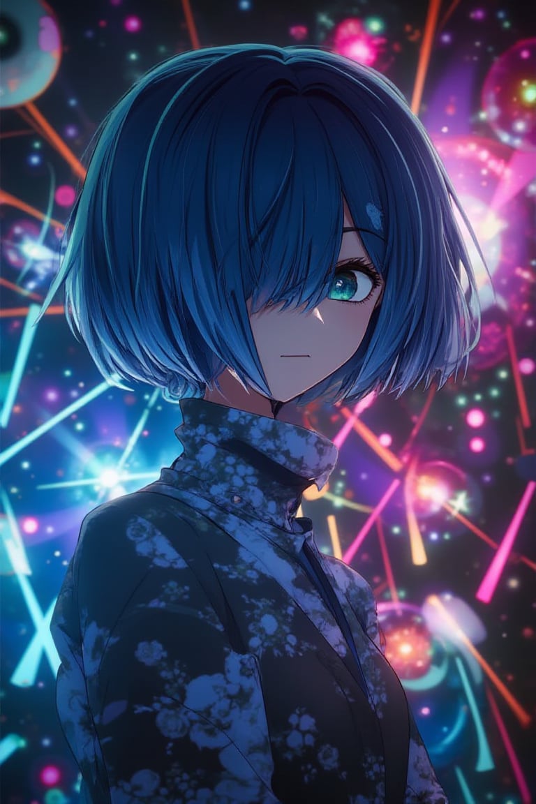 A 1girl solo portrait of Akane Kurokawa, with short blue hair and green eyes, in an anime style. She is projected in full growth from laser beams in a space neon laser show. The background is a vibrant, colorful laser show with soft eye lighting. The framing is full body, focusing on her growth and projection. The lighting is dynamic and neon, highlighting the laser beams. The resolution is 8k, capturing intricate details.