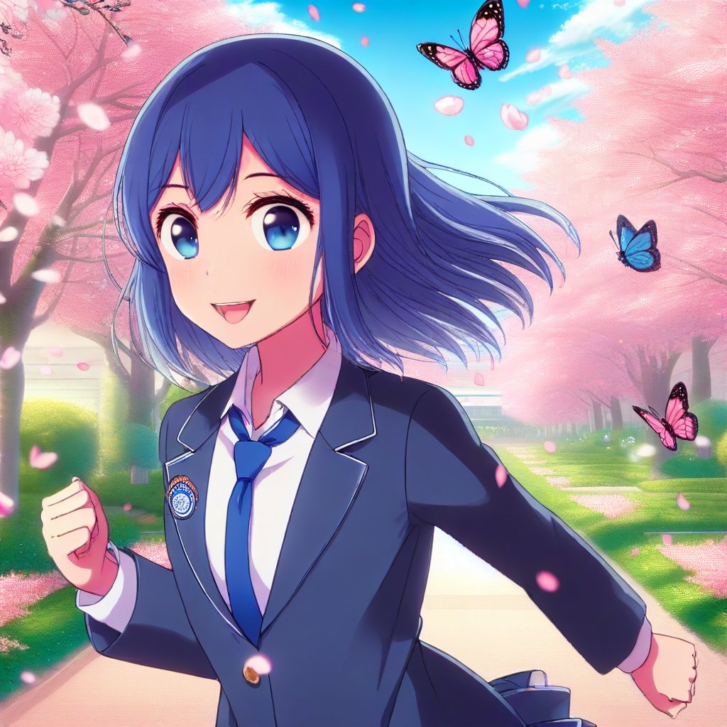 Akane Kurokawa, an anime girl with blue hair, wearing a school uniform, running through a Cherry Blossom Garden with butterflies fluttering around her. The scene is framed mid-shot, capturing her beautiful eyes looking directly at the viewer, filled with determination and wonder. The bright sky above contrasts with the delicate pink blossoms, creating a vibrant and ultra-detailed background. Her school uniform and blue hair are meticulously detailed, and the garden is alive with the motion of butterflies and falling petals. The lighting is soft and natural, enhancing the serene and picturesque atmosphere.