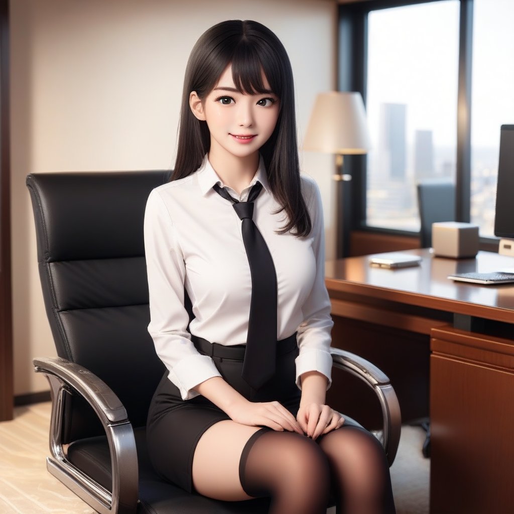 Akane Kurokawa, a young woman in a realistic style, wearing an office shirt, black skirt, and stockings, sitting elegantly on a chair in a meticulously detailed office room. The scene is framed mid-shot, capturing her professional attire and the ultra-high detailed surroundings, rendered in 8K. The office room features polished furniture, soft lighting, and a clean, organized environment. The composition highlights her poised posture and the realistic textures of her clothing and the office setting.