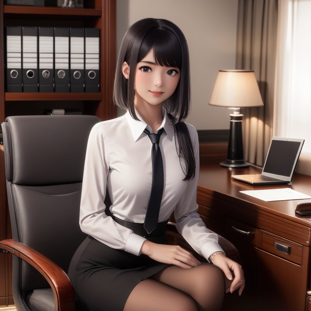 Akane Kurokawa, a young woman in a realistic style, wearing an office shirt, black skirt, and stockings, sitting elegantly on a chair in a meticulously detailed office room. The scene is framed mid-shot, capturing her professional attire and the ultra-high detailed surroundings, rendered in 8K. The office room features polished furniture, soft lighting, and a clean, organized environment. The composition highlights her poised posture and the realistic textures of her clothing and the office setting.