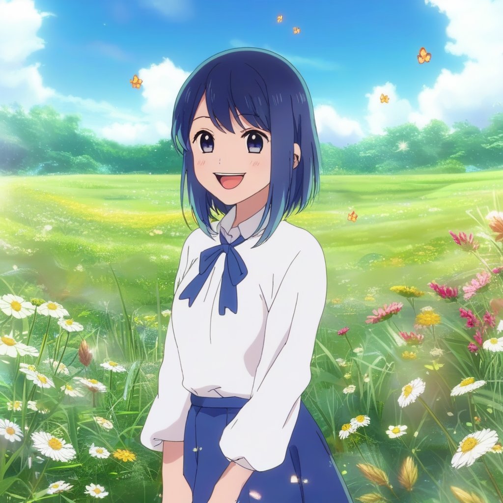 Akane Kurokawa, an anime girl wearing a white long shirt and blue skirt, standing happily on a grassy meadow filled with weeds and flowers. She smiles warmly, with a joyful expression, framed mid-shot to capture her cheerful demeanor and the vibrant surroundings. The background features a field of blooming weeds and flowers, with a soft, natural light enhancing the serene atmosphere. The composition highlights her outfit and the picturesque meadow.