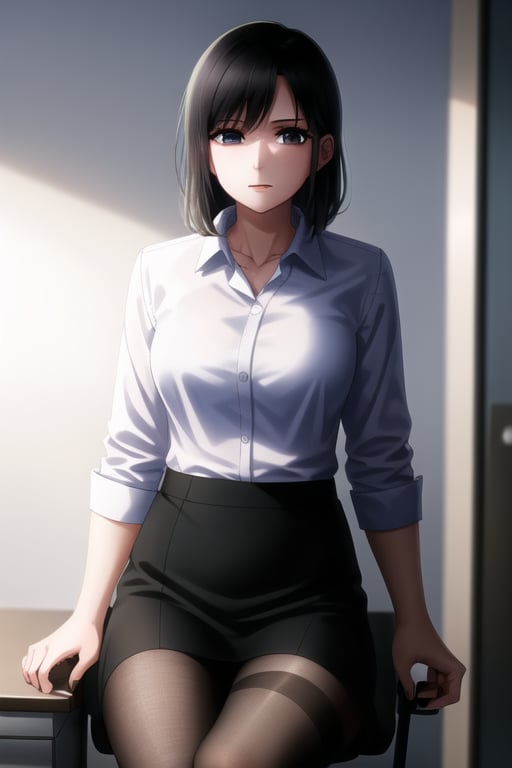 A young woman, Akane Kurokawa, ultra-high detailed, 8K, realistic. She wears an office shirt, black skirt, and stockings, sitting on a chair in a well-lit office room. The scene is framed mid-shot, capturing her composed posture. The lighting is natural, highlighting her professional attire and the detailed textures of her clothing. The office environment is meticulously detailed, with a focus on the realistic interplay of light and shadow.