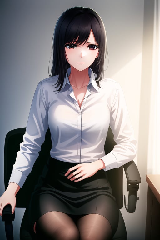 A young woman, Akane Kurokawa, ultra-high detailed, 8K, realistic. She wears an office shirt, black skirt, and stockings, sitting on a chair in a well-lit office room. The scene is framed mid-shot, capturing her composed posture. The lighting is natural, highlighting her professional attire and the detailed textures of her clothing. The office environment is meticulously detailed, with a focus on the realistic interplay of light and shadow.