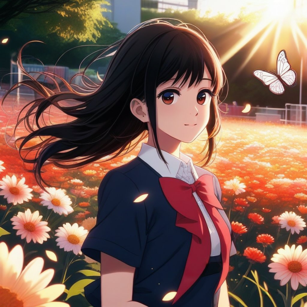 Anime style, a young woman in a school girl uniform stands in a vibrant flower field, sunlight filtering through the petals creating a soft glow. A butterfly gracefully flies nearby, adding a touch of whimsy. The composition is centered, with the woman looking slightly upwards, her expression serene. The background is filled with a variety of colorful flowers, enhancing the outdoor setting.