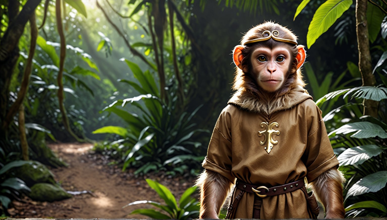 A brown juvenile male monkey dressed in very simple style medieval tunic, in a realistic furry style, 
photorealistic,  
jungle scene,wearing a tight headhoop on head ,