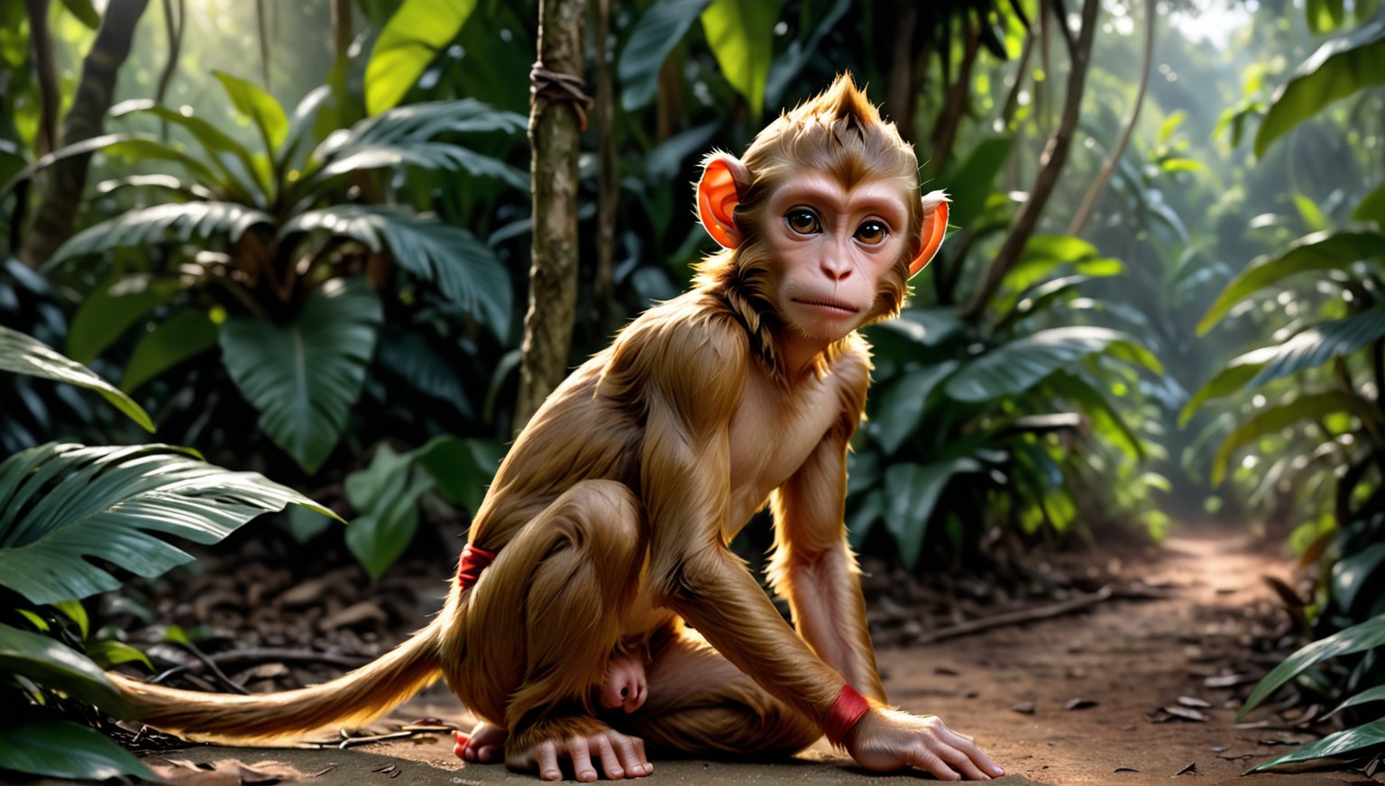 A brown juvenile male monkey dressed in very simple style plain cloth tunic, in a realistic furry style, 
looked naughty, photorealistic,  
jungle scene,