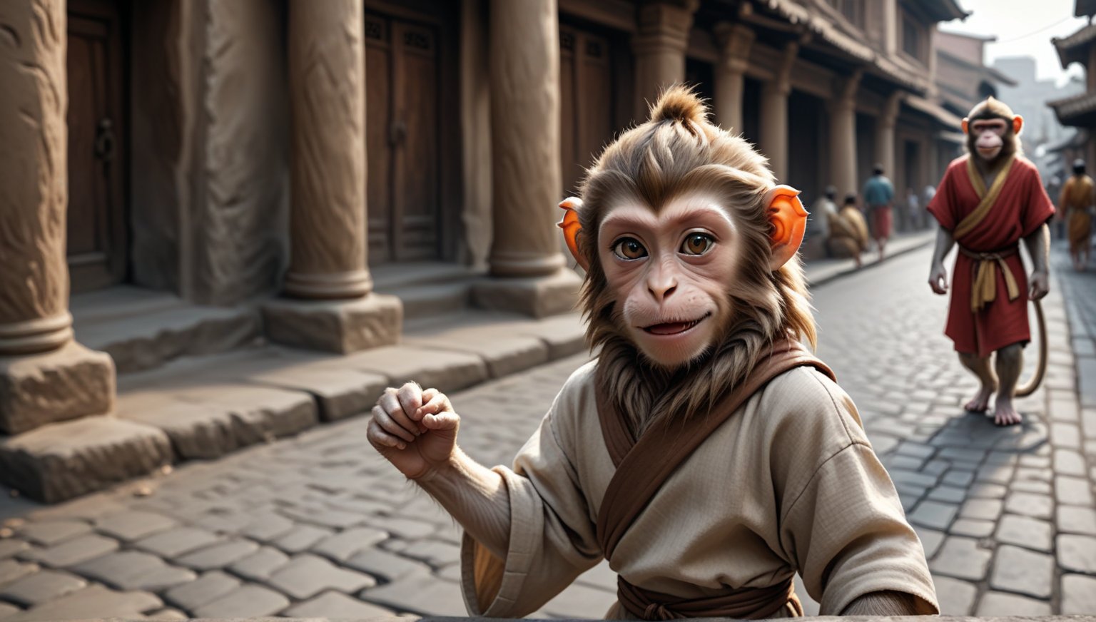 A juvenile male monkey dressed in very simple style plain cloth tunic, in a realistic furry style, 
happy, detailed eyes, photorealistic,  
thick hair on top of head .
Scene on the streets of ancient times.