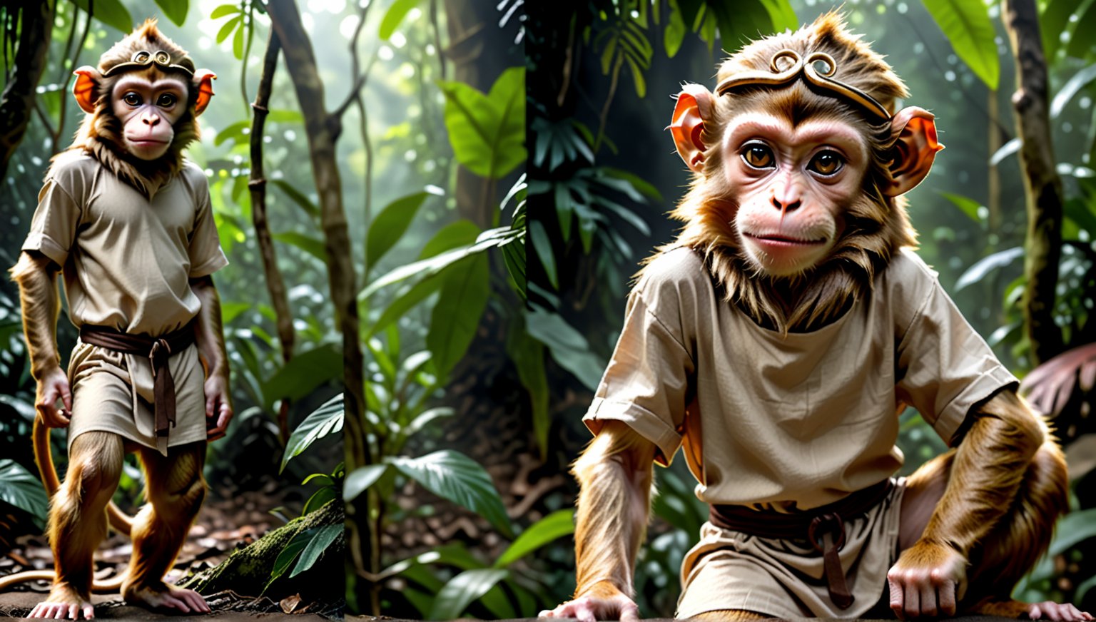 A brown juvenile male monkey dressed in very simple style plain cloth tunic, in a realistic furry style, 
looked naughty, photorealistic,  
jungle scene,wearing a tight headhoop on head ,