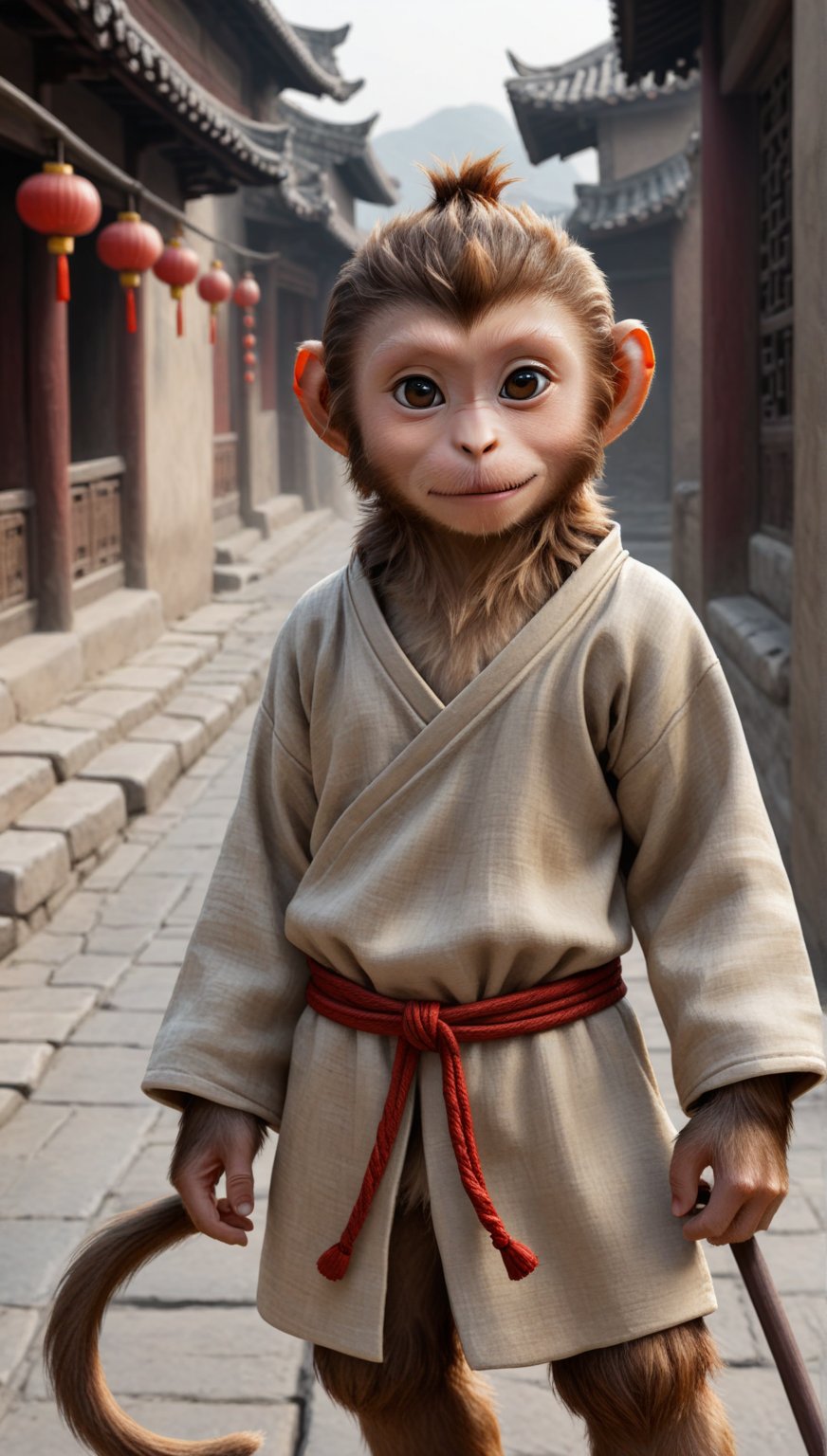 A brown juvenile male monkey dressed in very simple style plain cloth medieval tunic, in a realistic furry style, 
happy, photorealistic,  
Scene on the streets of ancient China,