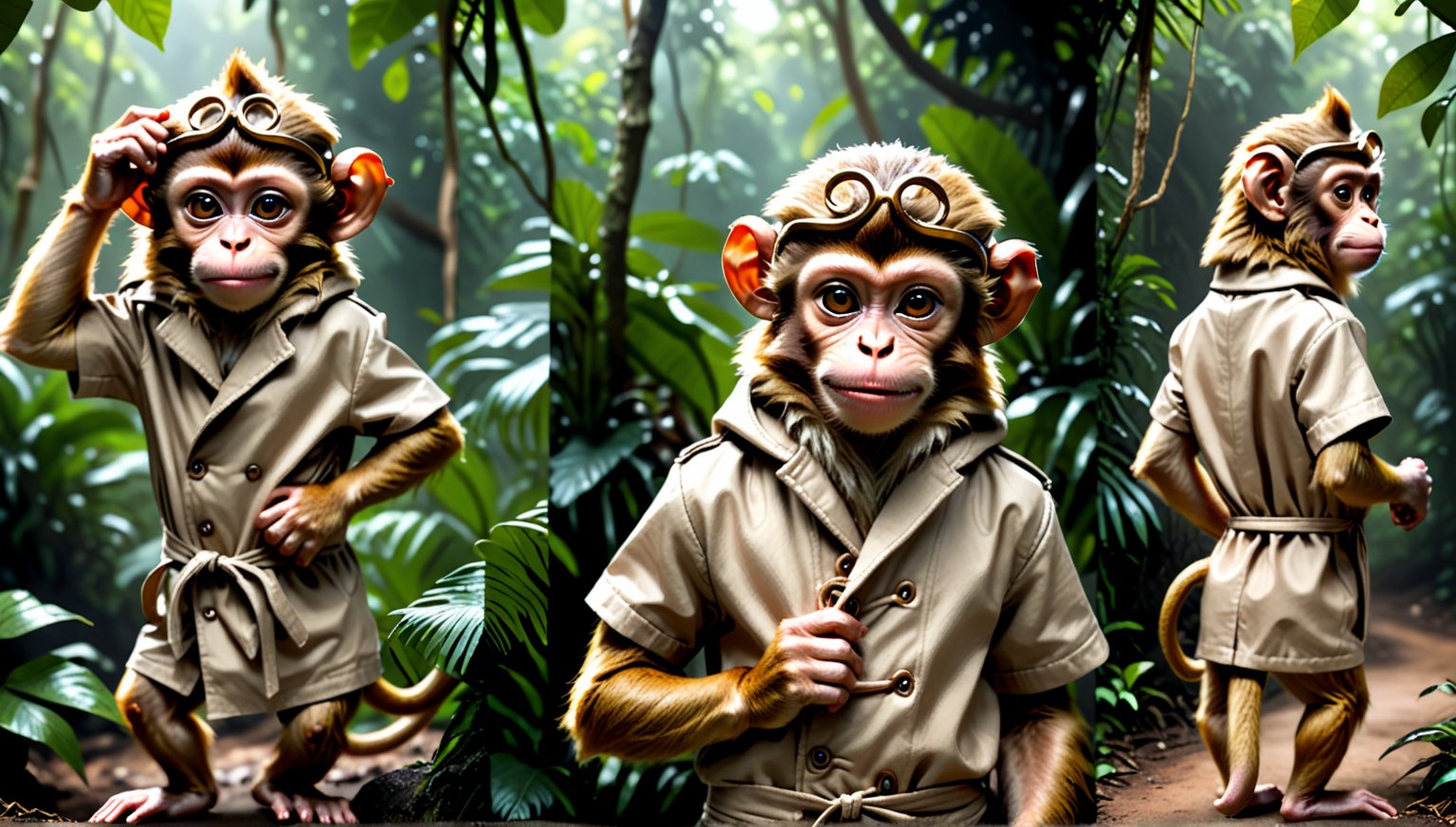 A brown juvenile male monkey dressed in very simple style short-sleeved cloth coat, in a realistic furry style, 
funny face, photorealistic,  
jungle scene,wearing a tight headhoop on head ,