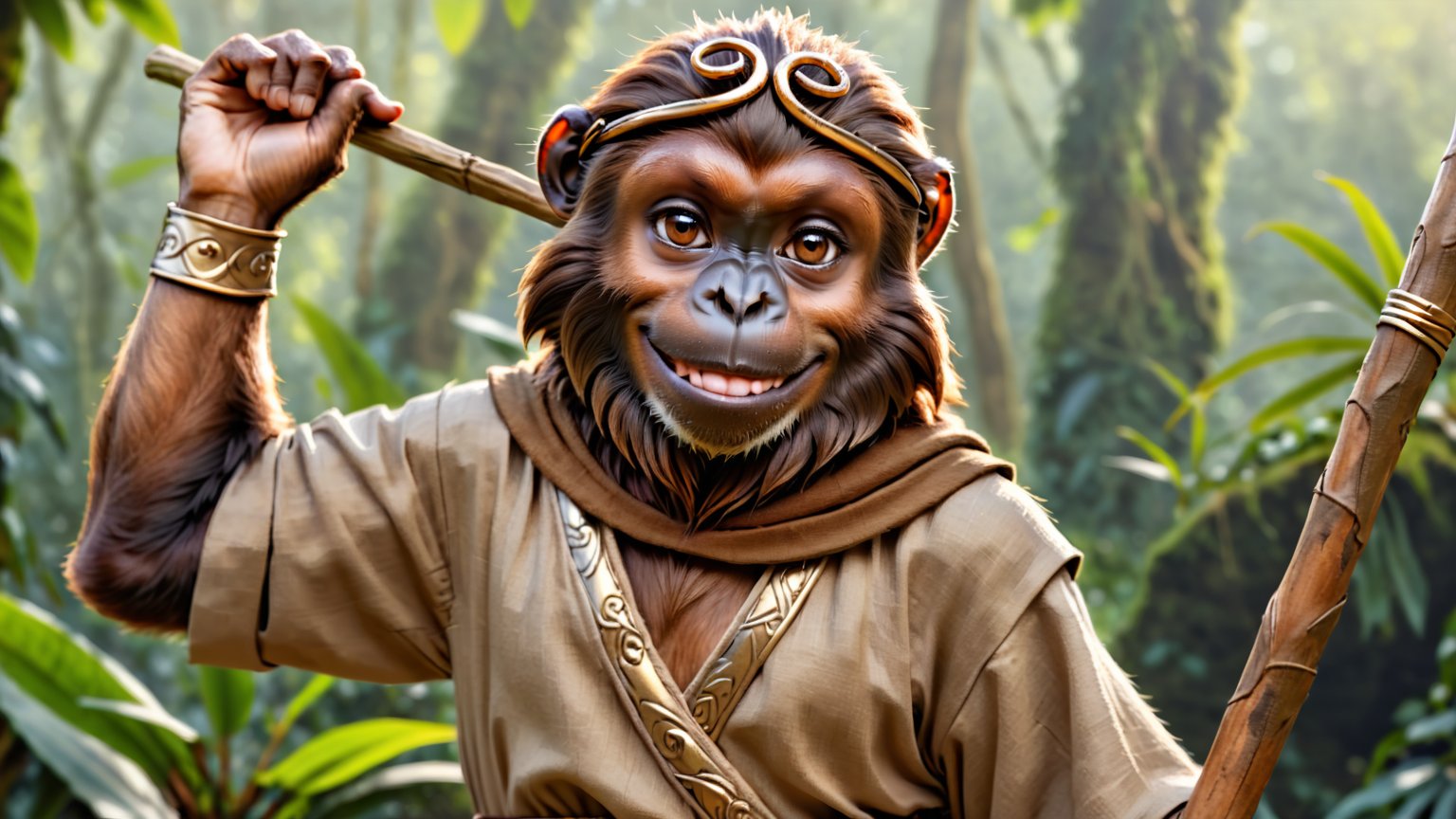 realistic photo, insane details, 
A little thin brown bonobo anthro with brown eyes in a realistic furry style, with a handsome, happy smile, dressed in very simple style medieval tunic, wearing a tight headhoop on head ,
holds up a beautifully carved long stick in his right hand. 
His left hand is tucked out of sight in his pocket. 
In the background an out-of-focus jungle scene, detailed eyes, fantasy style, smirking, full body.
wearing a tight headhoop on head