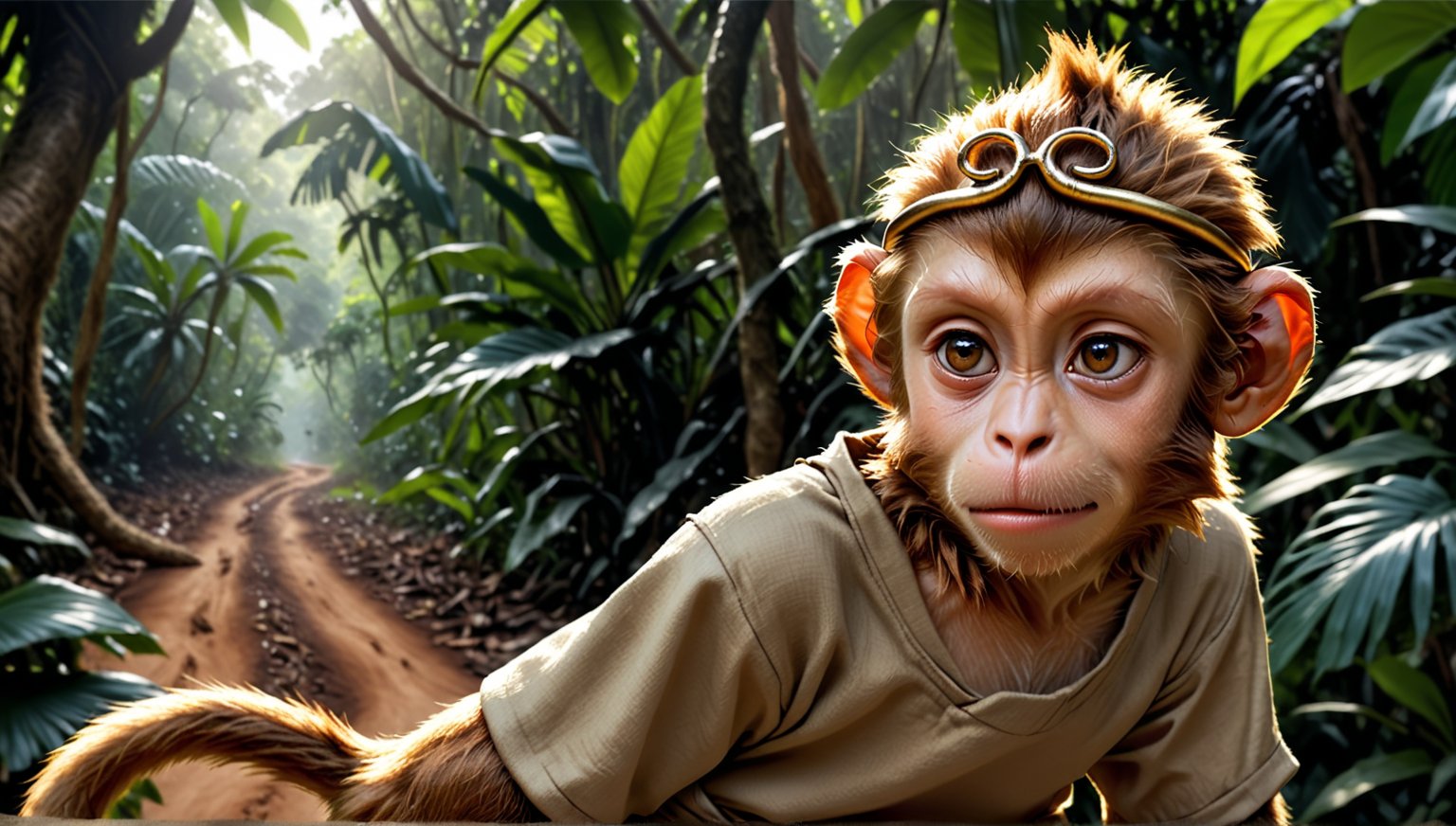 A brown juvenile male monkey dressed in very simple style plain cloth tunic, in a realistic furry style, 
looked naughty, photorealistic,  
jungle scene,wearing a tight headhoop on head ,