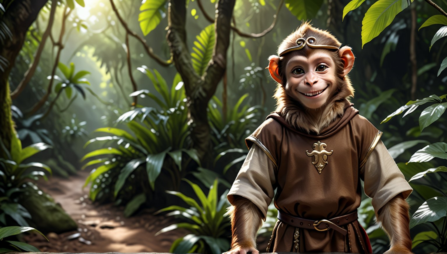 A brown juvenile male monkey dressed in very simple style medieval tunic, in a realistic furry style, 
happy smile, photorealistic,  
jungle scene,wearing a tight headhoop on head ,