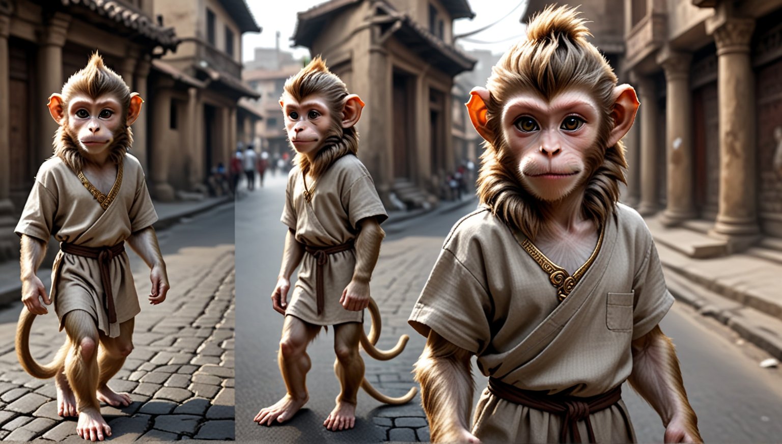 A juvenile male monkey dressed in very simple style plain cloth tunic, in a realistic furry style, 
happy, detailed eyes, photorealistic,  
The face is long and thin, Beckham hairstyle, Faux Hawk .
Scene on the streets of ancient times.