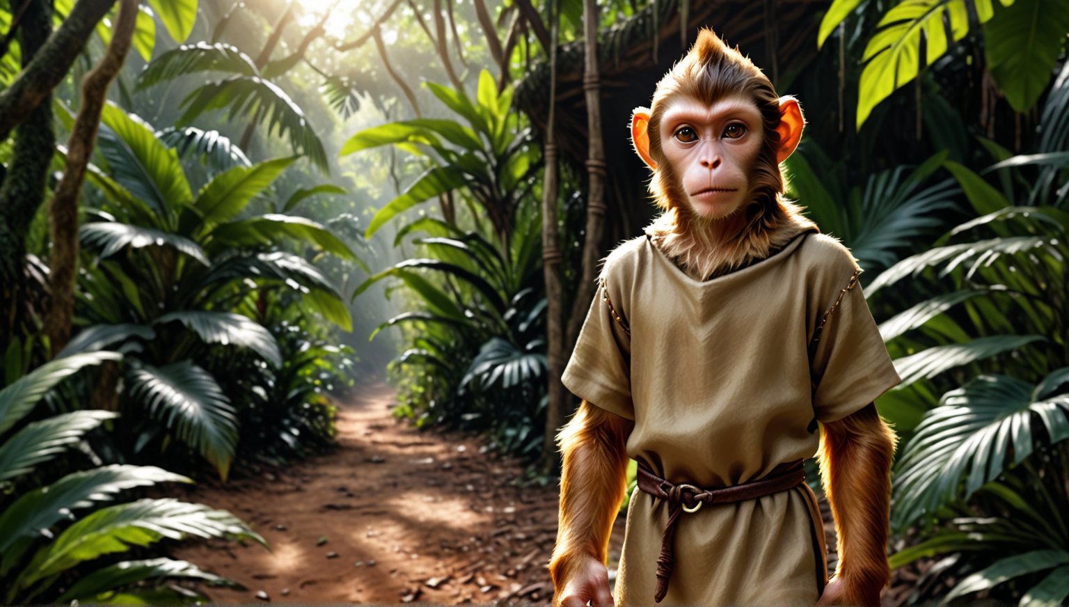 A brown juvenile male monkey dressed in very simple style plain cloth medieval tunic, in a realistic furry style, 
photorealistic,  
jungle scene,