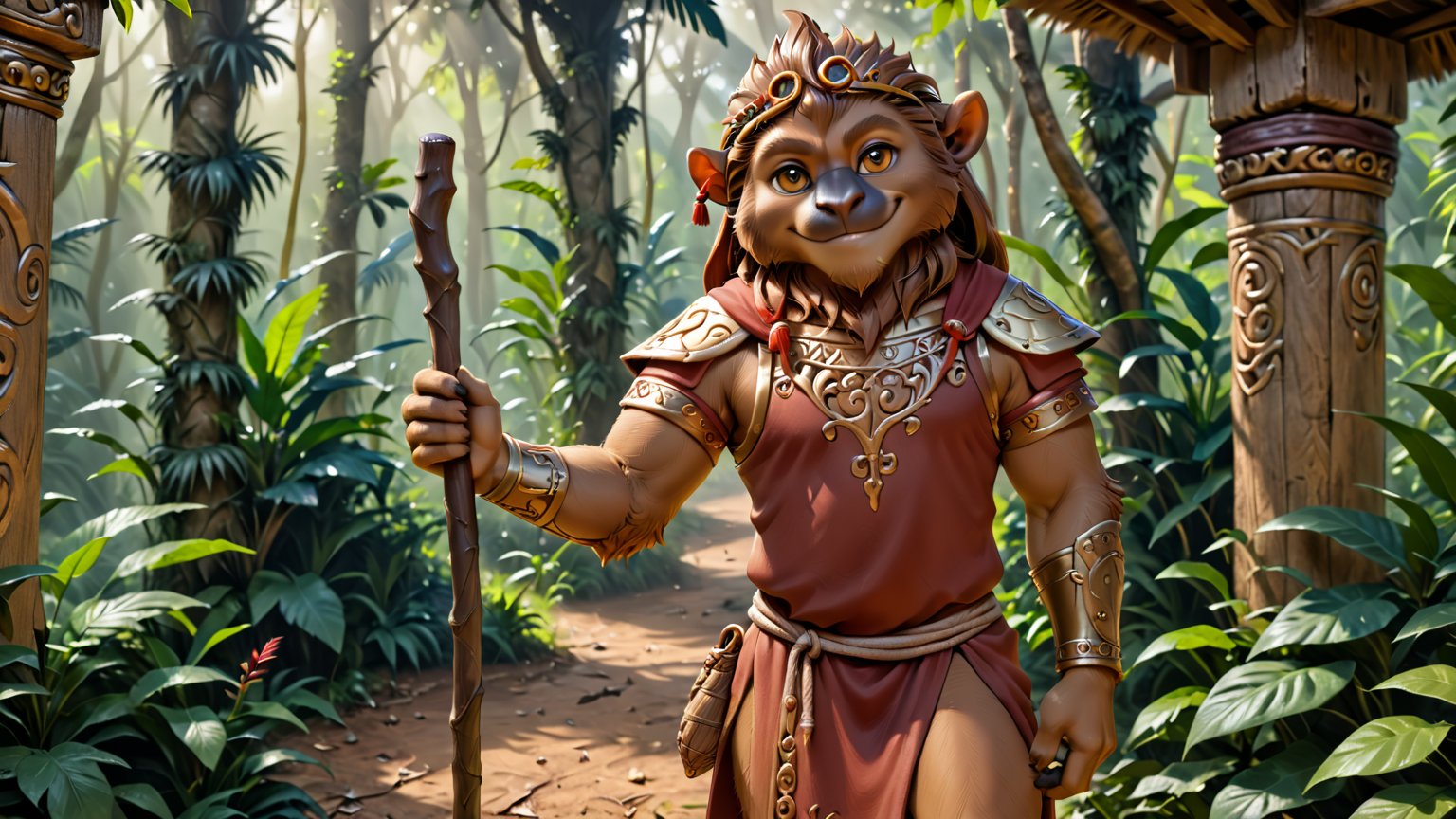 Epic full body photo insane details, 
A little thin brown bonobo anthro with brown eyes in a realistic furry style, with a handsome, happy smile, dressed in very simple style medieval tunic, wearing a tight headhoop on head ,
holds up a beautifully carved long stick in his right hand. 
His left hand is tucked out of sight in his pocket. 
In the background an out-of-focus jungle scene, detailed eyes, fantasy style, smirking, full_body.
anthro,wearing a tight headhoop on head