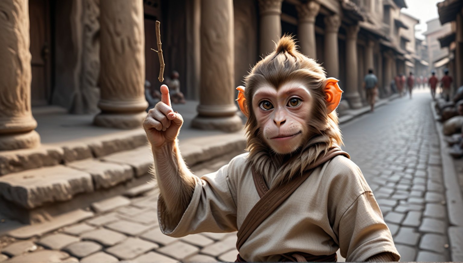 A juvenile male monkey dressed in very simple style plain cloth tunic, in a realistic furry style, 
happy, detailed eyes, photorealistic,  
and hair on top of head pointing upward .
Scene on the streets of ancient times.