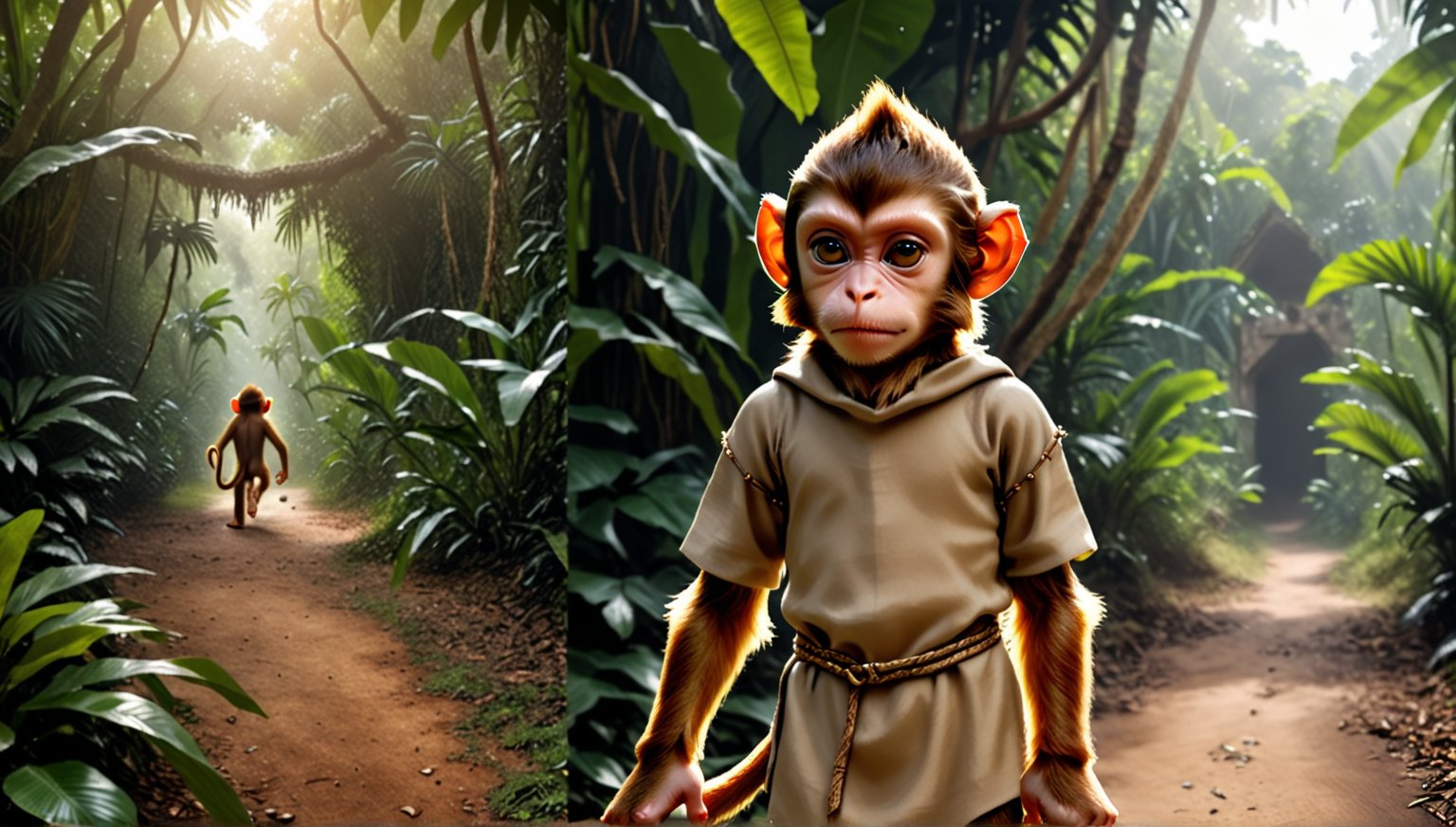 A brown juvenile male monkey dressed in very simple style plain cloth medieval tunic, in a realistic furry style, 
looked naughty, photorealistic,  
jungle scene,